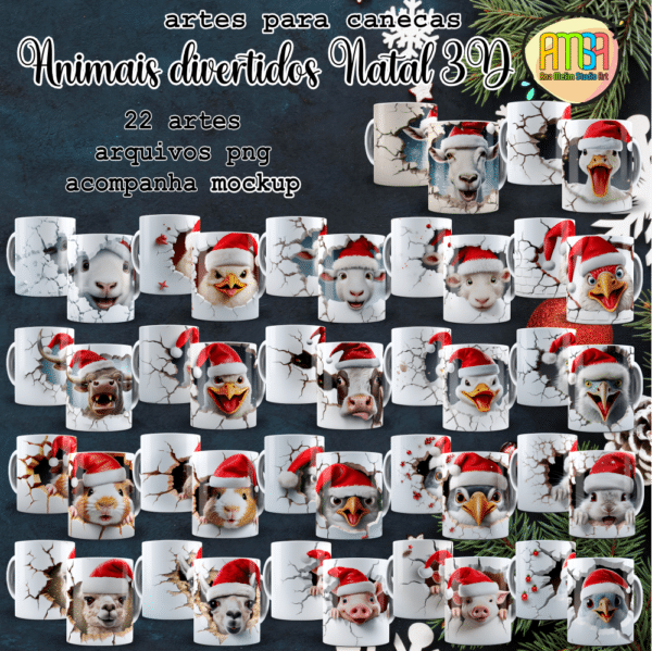 ESTAMPAS ANIMAIS DIVERTIDOS NATAL 3D CANECAS