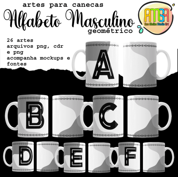 ESTAMPAS ALFABETO MASCULINO GEOMÉTRICO CANECAS