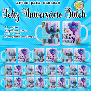 ESTAMPA FELIZ ANIVERSÁRIO STITCH CANECAS