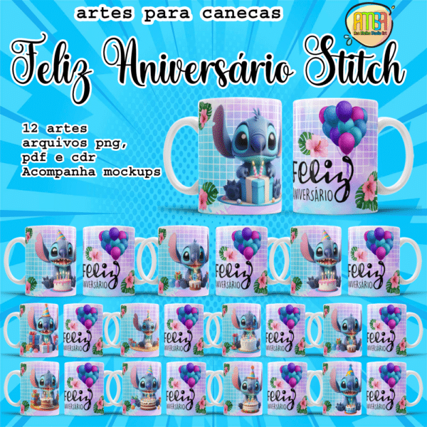 ESTAMPA FELIZ ANIVERSÁRIO STITCH CANECAS