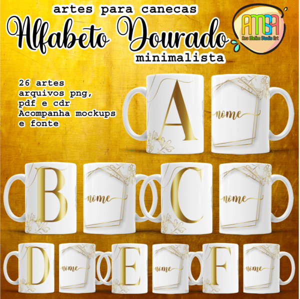 ESTAMPAS ALFABETO DOURADO MINIMALISTA CANECAS
