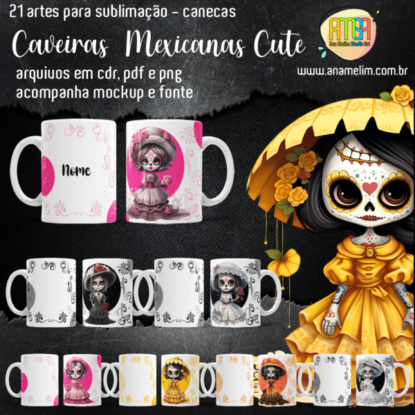ESTMPAS CAVEIRA MEXICANA CUTE CANECA
