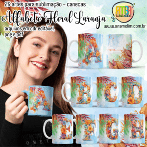 ESTAMPAS ALFABETO FLORAL LARANJA CANECAS
