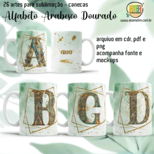 ESTAMPAS ALFABETO ARABESCO DOURADO  CANECAS