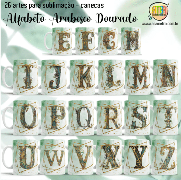 ESTAMPAS ALFABETO ARABESCO DOURADO  CANECAS - Image 2
