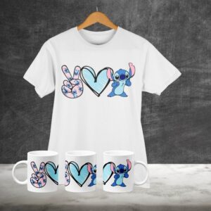 ESTAMPA STITCH PAZ E AMOR CAMISA E CANECA