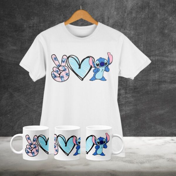 ESTAMPA STITCH PAZ E AMOR CAMISA E CANECA