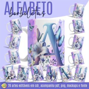 ESTAMPA ALFABETO BORBOLETA LILÁS CANECAS