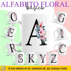 ESTAMPA ALFABETO FLORAL BÁSICO CANECAS